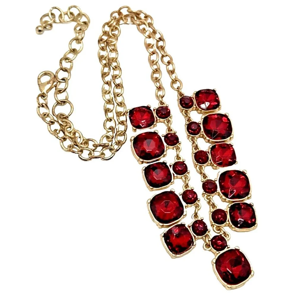 Vintage Red Crystal Rhinestone Statement Collar Necklace Gold Tone Statement 22”